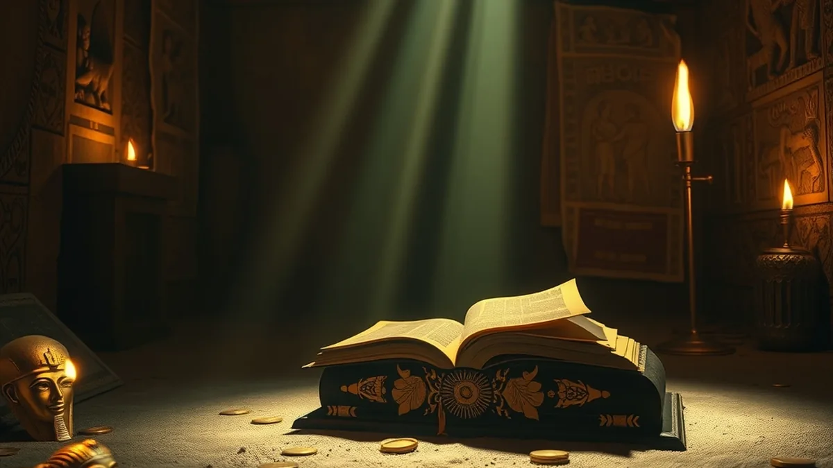 Glowing golden book in an Egyptian tomb, inspired by the Book of Dead slot