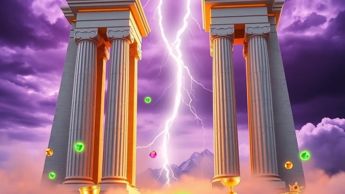 Marble temple gates with lightning and floating gems, inspired by Gates of Olympus