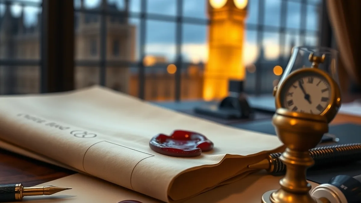Sealed licence documents and brass scales on a desk with London behind