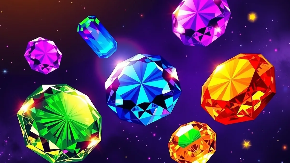 Glowing colourful gems and star bursts floating in space, inspired by Starburst