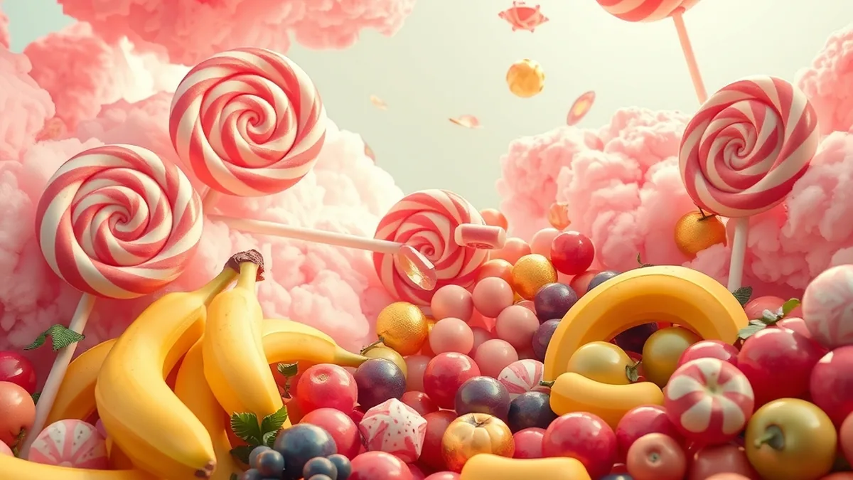 Colourful candy land with lollipops and tumbling fruits, inspired by Sweet Bonanza