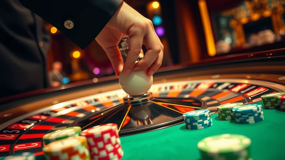 Live dealer's hands spinning a roulette wheel above stacks of casino chips