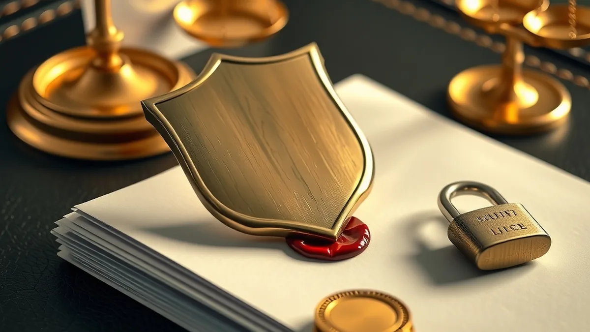 Silver shield, scales and sealed documents representing online casino safety and licensing