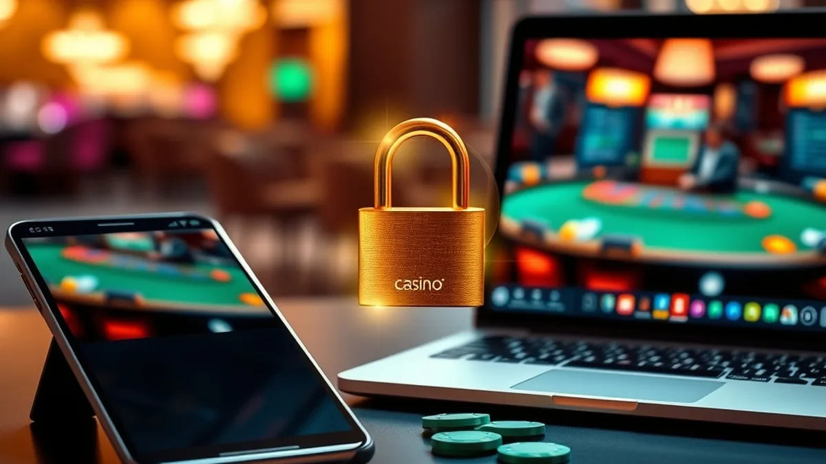 Phone and laptop with a glowing padlock illustrating Tucan Casino login security