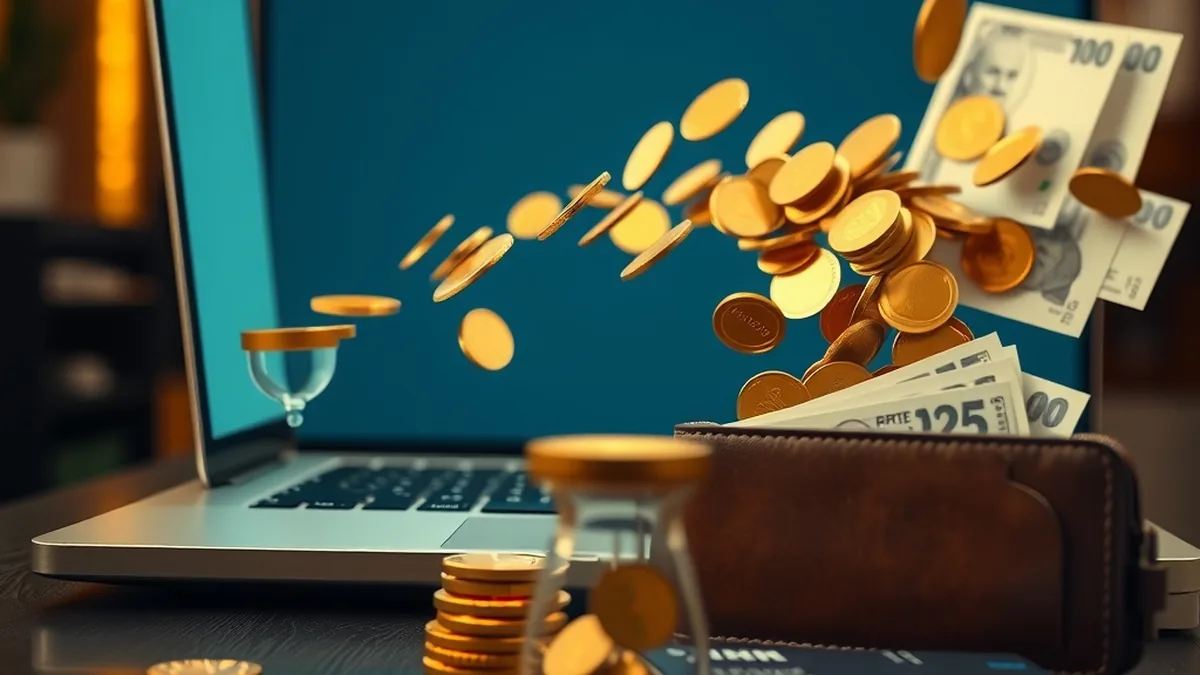Gold coins and banknotes flowing from a laptop into a wallet during a casino withdrawal